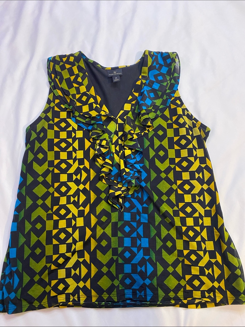 Worthington Sleeveless Geometric Ruffle Blouse in Yellow, Blue, Green, Black